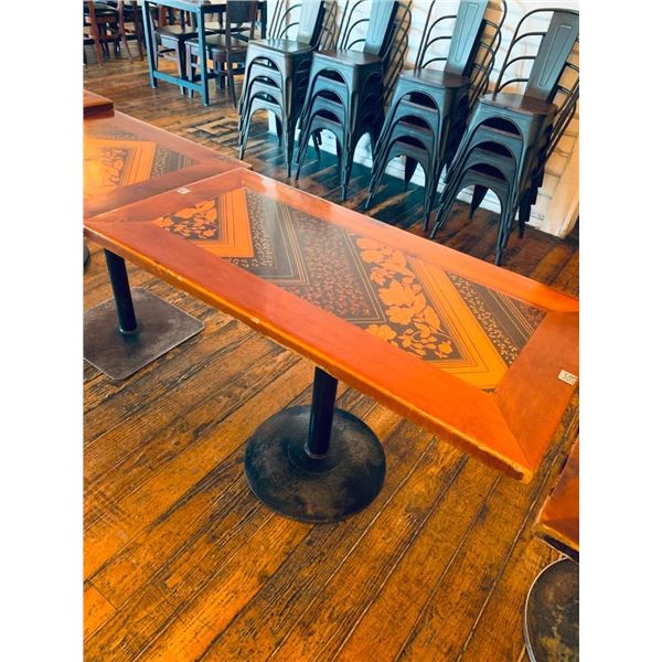 Restaurant Table with Inlay design solid wood top 48 x 28 inch single pedestal
