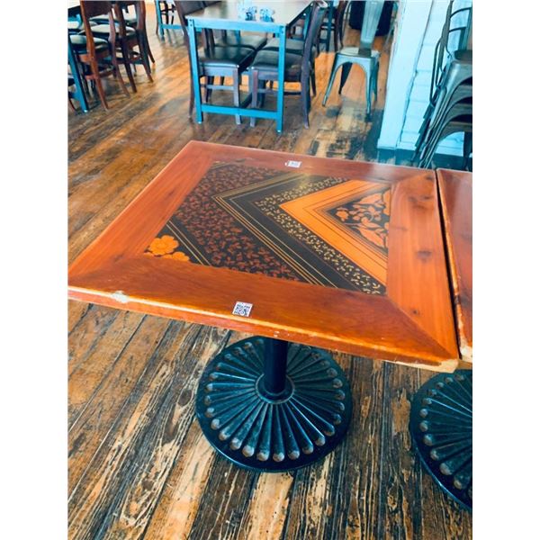 Restaurant Table Solid Wood Top Inlay Design 30 x 30 inch single pedestal