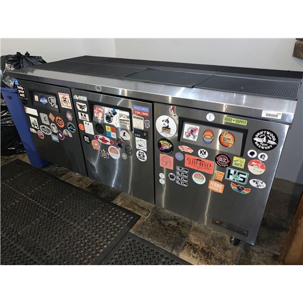 True Model TUC-72 Stainless Steel Triple Door Back Bar Cooler on Wheels