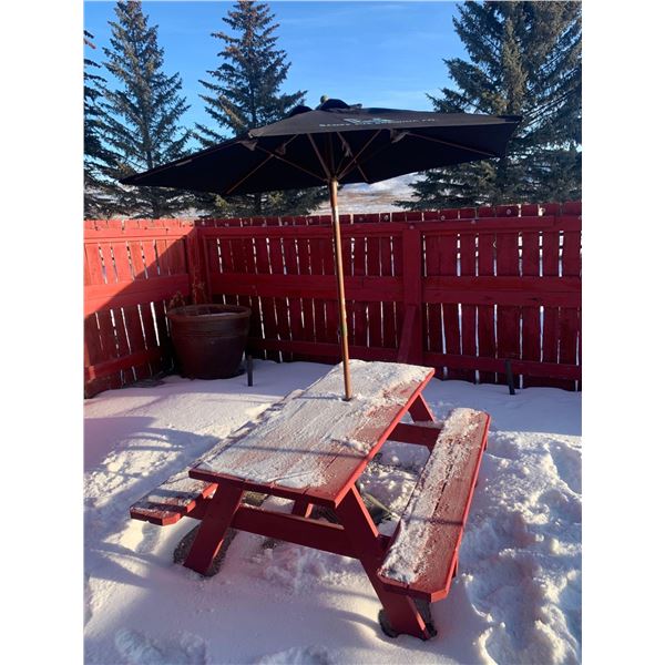 Patio Red 70 inch wood Pic Nic Table with Umbrella ( color of umbrella may be red or black)