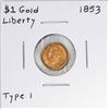 Image 1 : 1853 Type 1 $1 Liberty Head Gold Dollar Coin