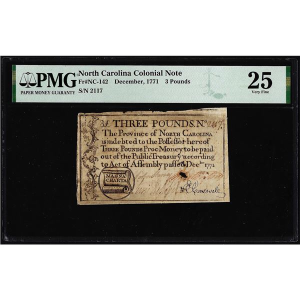 1771 North Carolina 3 Pounds Colonial Note NC-142 PMG Very Fine 25 Magna Charta