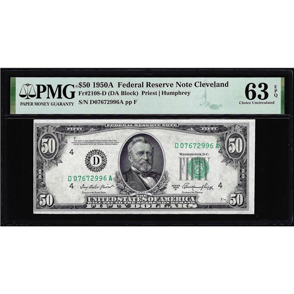 1950A $50 Federal Reserve Note Cleveland Fr.2108-D PMG Choice Uncirculated 63EPQ