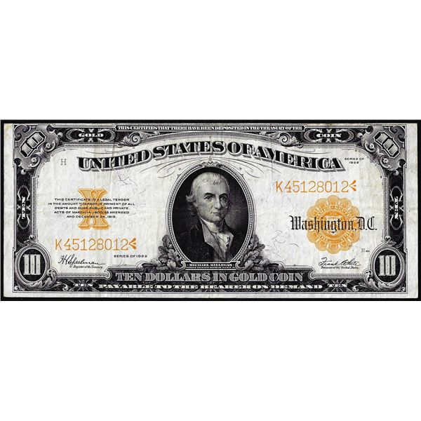 1922 $10 Gold Certificate Note