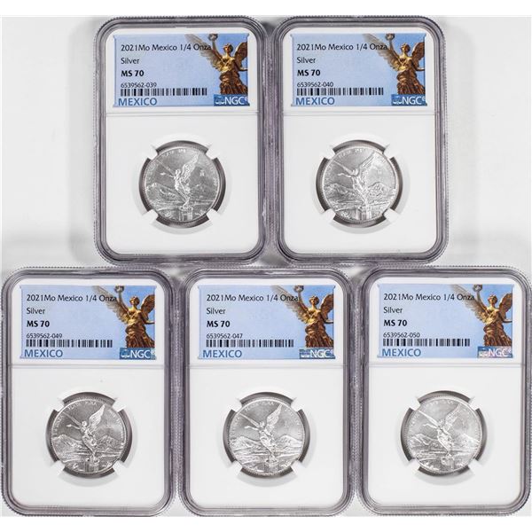 Lot of (5) 2021-Mo Mexico 1/4 oz Silver Libertad Coins NGC MS70