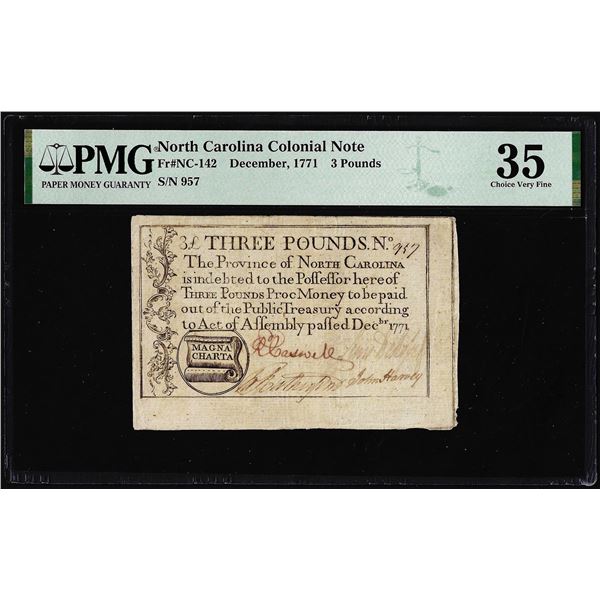1771 North Carolina 3 Pounds Colonial Note NC-142 PMG Choice Very Fine 35 Magna Charta