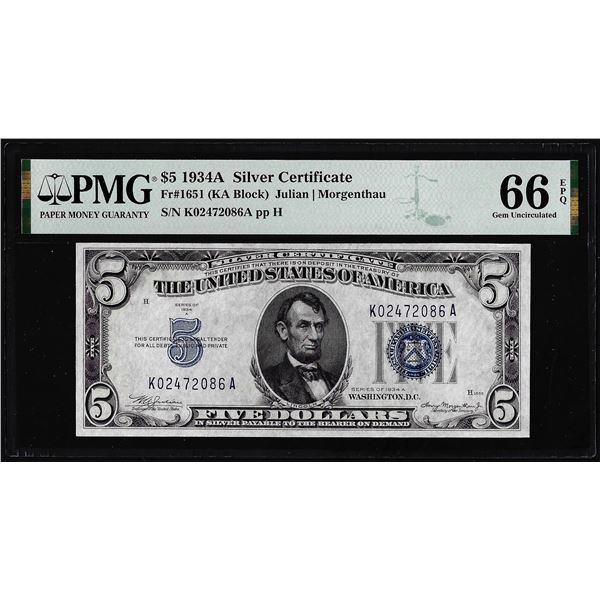 1934A $5 Silver Certificate Note Fr.1651 PMG Gem Uncirculated 66EPQ