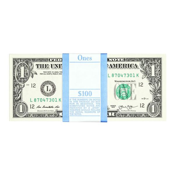 Pack of (100) Uncirculated Consecutive 2013 $1 Federal Reserve Notes San Francisco