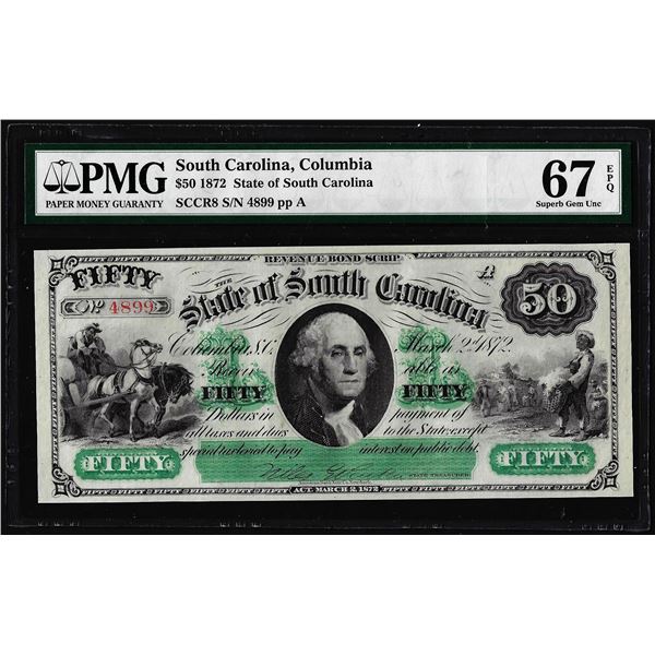 1872 $50 State of South Carolina Obsolete Note PMG Superb Gem Unc 67EPQ