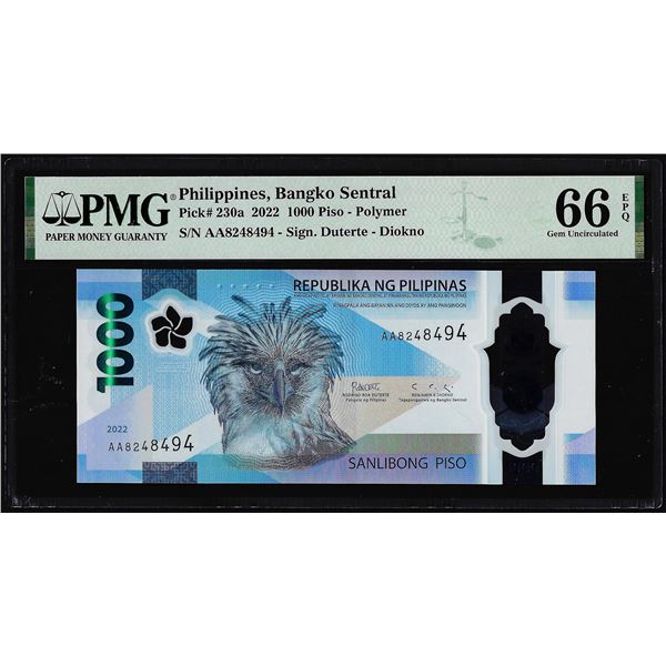 2022 Philippines Central Bank 1000 Piso Note Pick# 230a PMG Gem Uncirculated 66EPQ