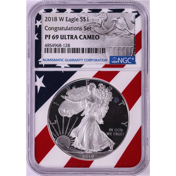 2018-W $1 Proof American Silver Eagle Coin NGC PF69 Ultra Cameo Congratulations Flag