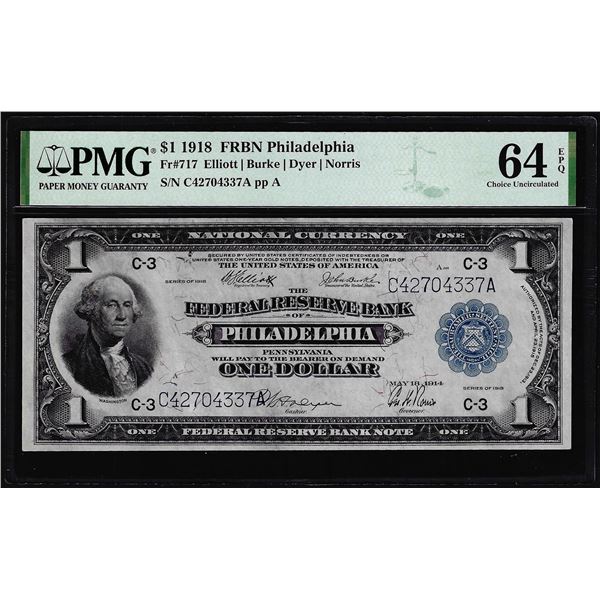 1918 $1 Federal Reserve Bank Note Philadelphia Fr.717 PMG Choice Uncirculated 64EPQ