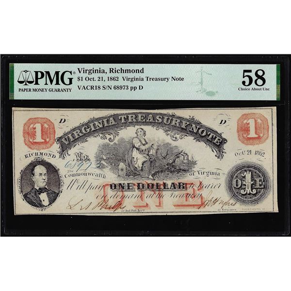 1862 $1 Virginia Treasury Obsolete Note VACR18 PMG Choice About Uncirculated 58