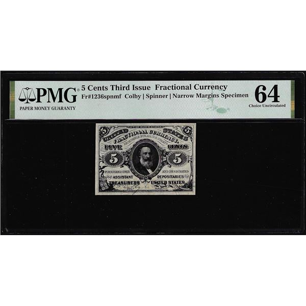 1863 Third Issue 5 Cents Specimen Fractional Note Fr.1236spnmf PMG Ch. Uncirculated 64