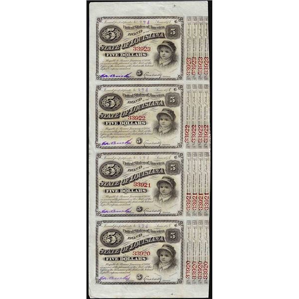 Uncut Sheet of (4) State of Louisiana Baby Bond Obsolete Notes