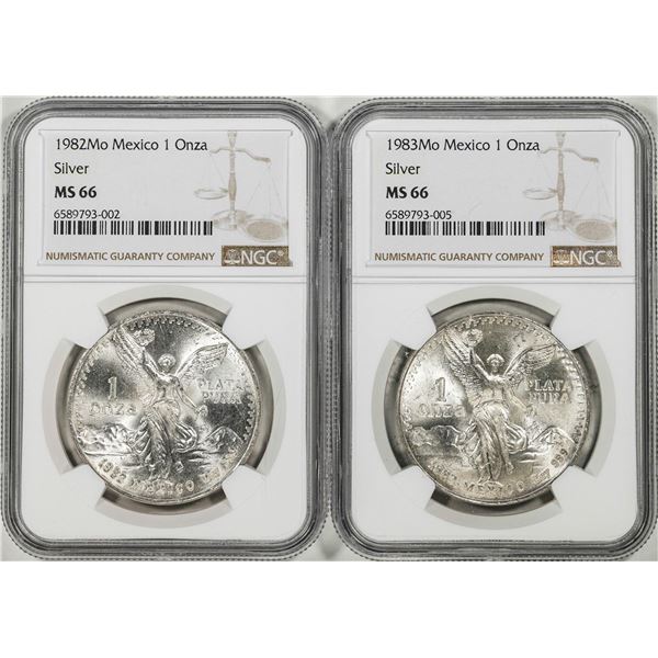 Lot of 1982Mo & 1983Mo Mexico 1 Onza Libertad Silver Coins NGC MS66