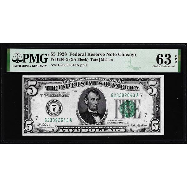 1928 $5 Federal Reserve Note Fr.1950-G PMG Choice Uncirculated 63EPQ