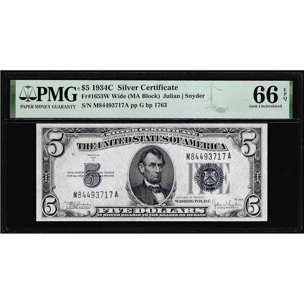 1934C $5 Silver Certificate Note Fr.1654W Wide PMG Gem Uncirculated 66EPQ