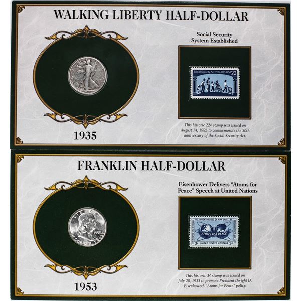 Lot of 1935-S Walking Liberty & 1953-D Franklin Half Dollar Coins and Stamp Panels
