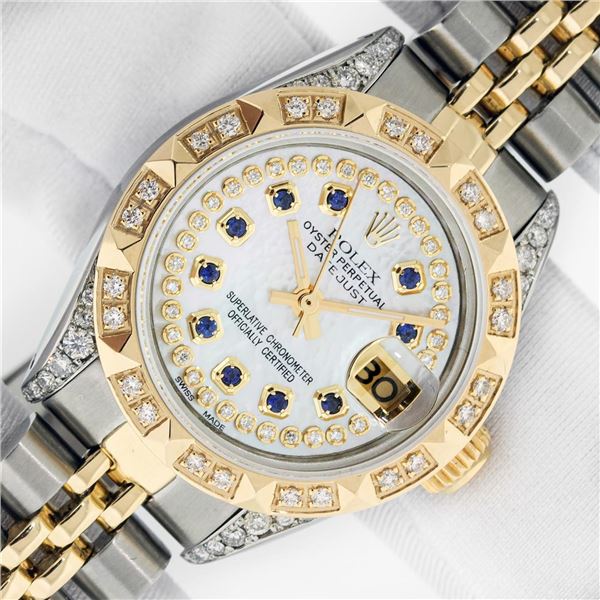Rolex Ladies Two Tone Diamond and Sapphire Datejust Wristwatch