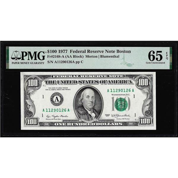 1977 $100 Federal Reserve Note Boston Fr.2168-A PMG Gem Uncirculated 65EPQ