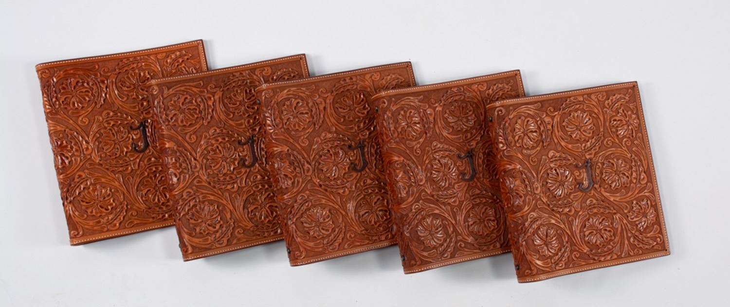 Set Of 2 Handmade Leather Livestock Show Number Holders - Floral Tooled Tan With Nickel Hardware