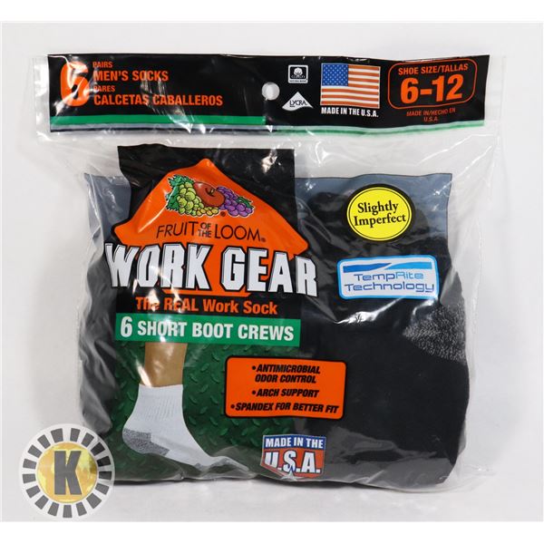 BLACK WORK BOOT SOCKS,6-12,PACK OF 6,FRUIT OF THE