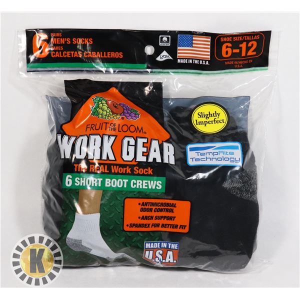 BLACK WORK BOOT SOCKS,6-12,PACK OF 6,FRUIT OF THE