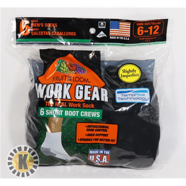 BLACK WORK BOOT SOCKS,6-12,PACK OF 6,FRUIT OF THE