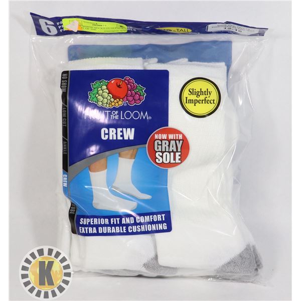 CREW WHITE SOCKS,12-16,PACK OF 6,FRUIT OF THE