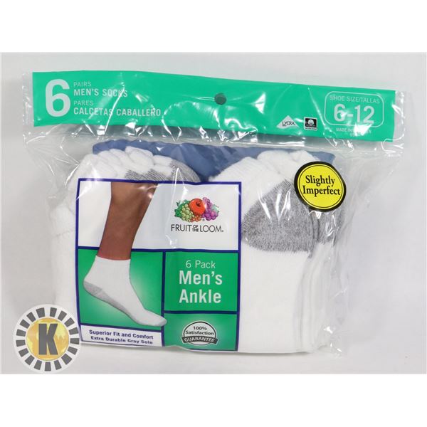 WHITE ANKLE SOCKS,6-12,PACK OF 6,FRUIT OF THE