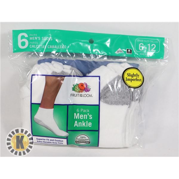 WHITE ANKLE SOCKS,6-12,PACK OF 6,FRUIT OF THE