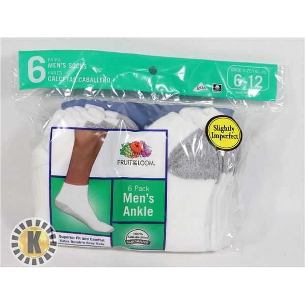 WHITE ANKLE SOCKS,6-12,PACK OF 6,FRUIT OF THE