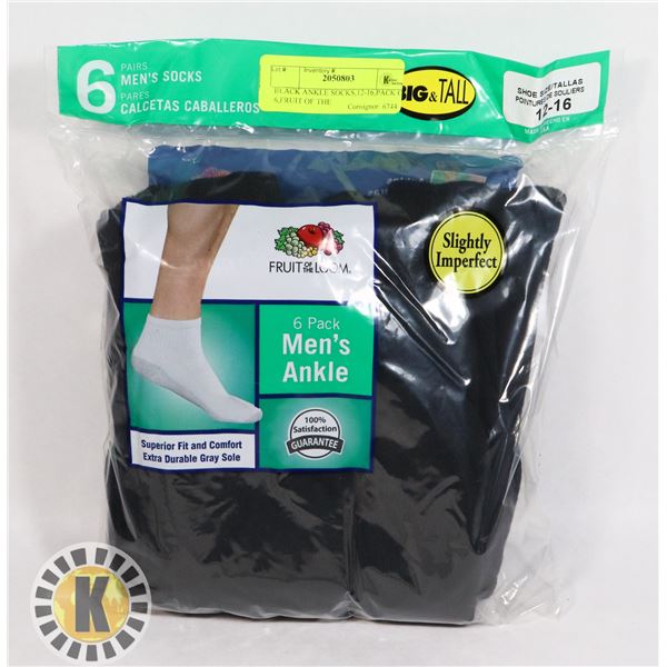 BLACK ANKLE SOCKS,12-16,PACK OF 6,FRUIT OF THE