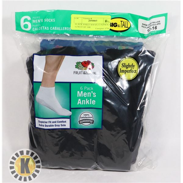 BLACK ANKLE SOCKS,12-16,PACK OF 6,FRUIT OF THE