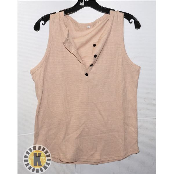 WOMENS TAN SLEEVELESS WAFFLE HENLEY TEE SIZE L