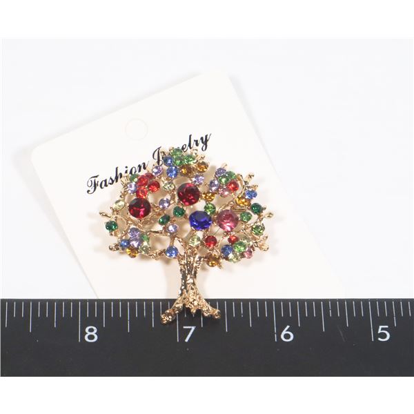 NEW GOLD TONE RHINESTONE TREE BROOCH