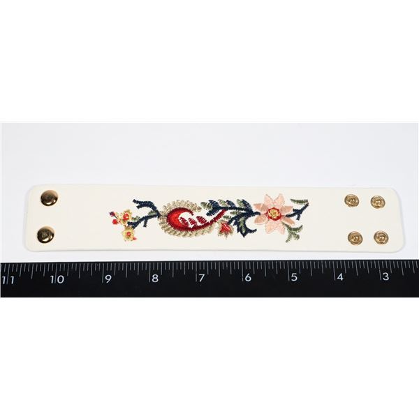 NEW WHITE LEATHER LIKE EMBROIDERED BRACELET