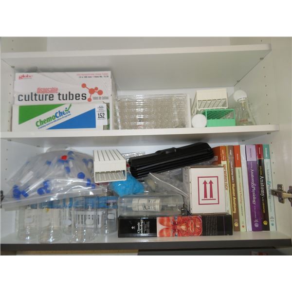 Lot of Culture Tubes, Beakers, Trays & Medical Books In Upper Cabinet