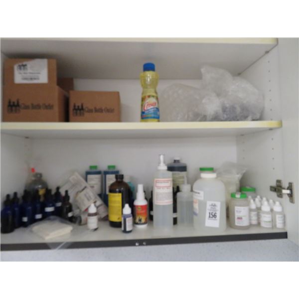 Lot of Glass Bottles, Solutions & Alchohol in Upper Cabinet