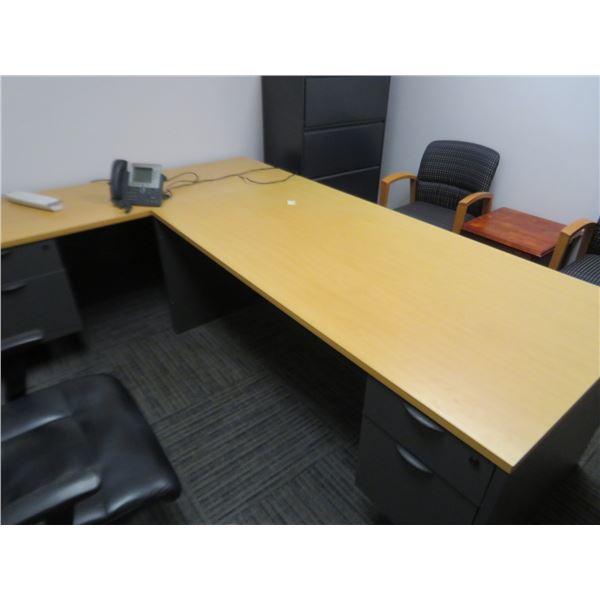 Blonde Wood Laminate Desk w/Return & Matching Bookcase & Chairs