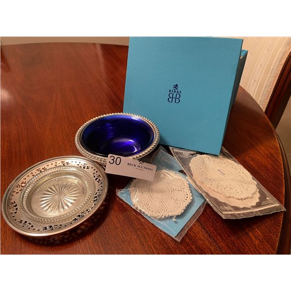 Birks Sterling SIlver Wine Holder & SIlver Plate Blue Glass Marmelade Dish