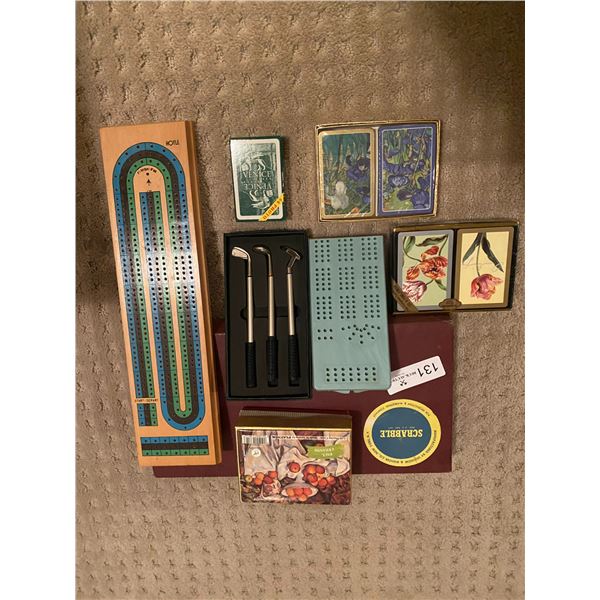 Vintage Scrabble boardgame, Cribbage x 2, Golf mini game and Playing Card sets