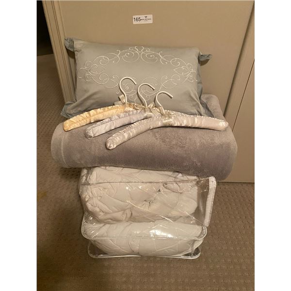 Two next to new Queen size matress covers w/velvet Queen size blanket& pillow plus hangers