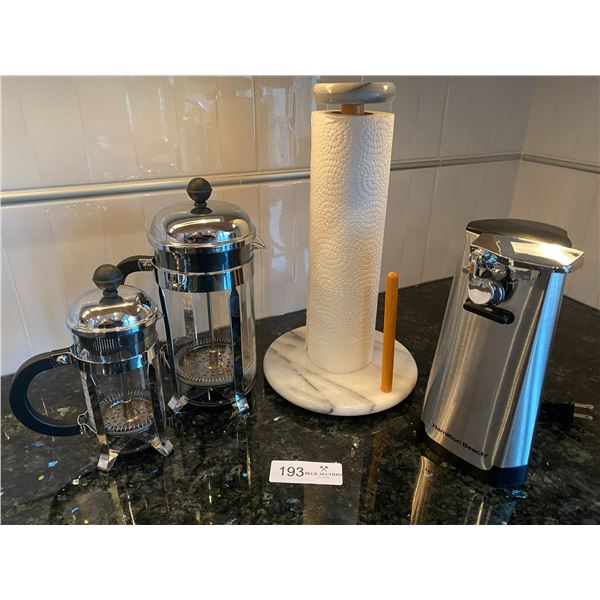 Hamilton Beach Can Opener, Coffee Presses, Paper Towel