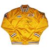 Image 1 : MAGIC JOHNSON SIGNED L.A LAKERS GOLD SATIN WARM UP JACKET WITH PATCHES (BECKETT COA)