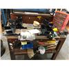 Image 1 : Heavy-duty wooden work bench w/ contents - includes bench grinder/ small screws cabinet/ small shove