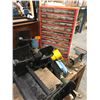 Image 2 : Heavy-duty wooden work bench w/ contents - includes bench grinder/ small screws cabinet/ small shove
