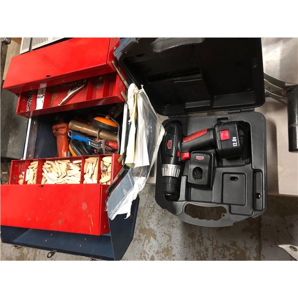 Beach metal toolbox w/ assorted tools & Jobmate wireless drill