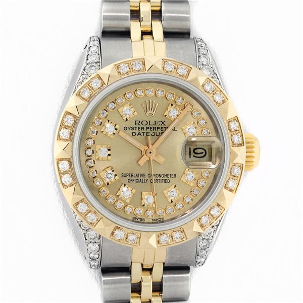 Rolex Ladies 2 Tone Champagne Diamond Lugs & Pyramid Datejust Wristwatch